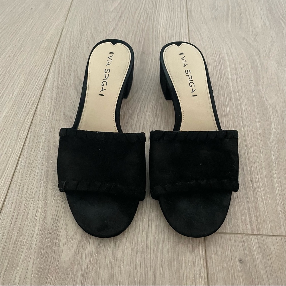 Via Spiga / Black Suede Block Heel Slides